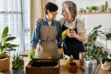 Two women in matching aprons tend to a lush potted plant.の写真素材