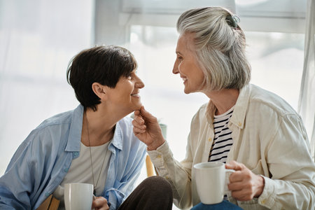 Two elderly women engaged in deep conversation while seated on a couch.の写真素材