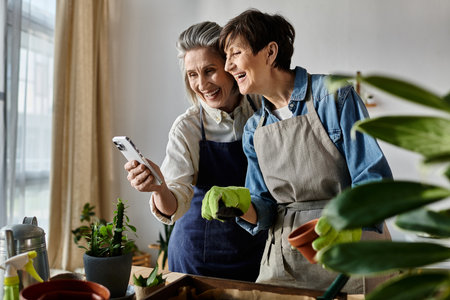 Two women in aprons capturing a moment on their phone.の写真素材