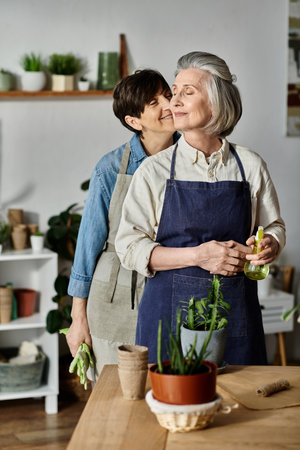 Two women tending potted plants in a cozy kitchen.の写真素材