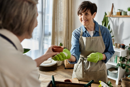 One woman hands a pot of flowers to another woman in a tender gesture.の写真素材
