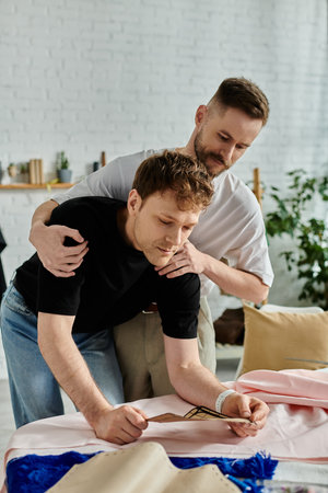 Two men, a gay couple, stand over a table, collaborating on creating fashionable attire in their designer workshop.の写真素材