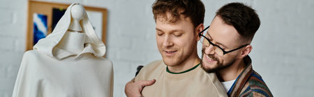 Two men in love designing trendy attire in a workshop, banner