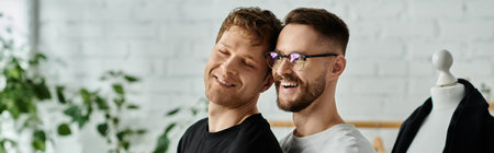 Two men, members of a gay couple, stand side by side in a designer workshop, collaborating on trendy attire creation.の写真素材