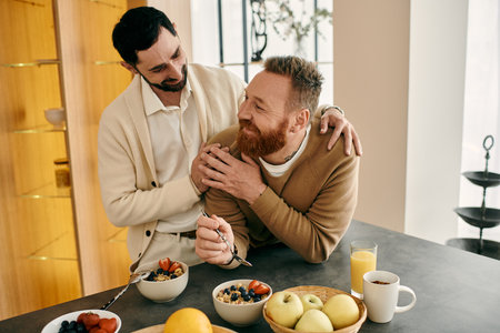 Two men, a happy gay couple, are hugging each other warmly in their modern apartment kitchen.の写真素材