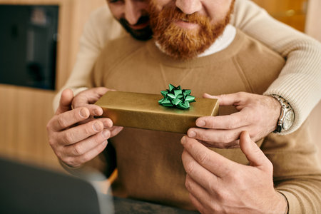 A man with a beard joyfully holds a gift box, expressing love and gratitude in a modern apartment.の写真素材