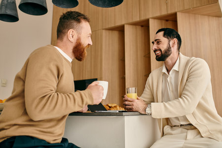 Two men sharing a moment of intimacy and connection as they talk at a table in a modern setting.の写真素材