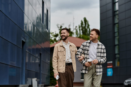 Two men dressed comfortably, standing outdoors in front of a building.
