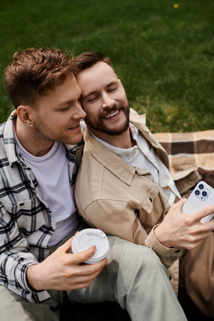 Two men in casual attire enjoying each others company outdoors.