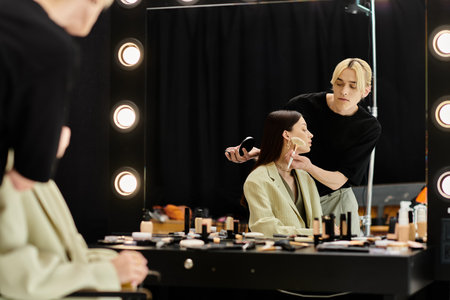 Beautiful woman enjoying makeup session with stylist.