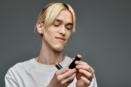 A man with blonde hair looks at makeup product.の写真素材