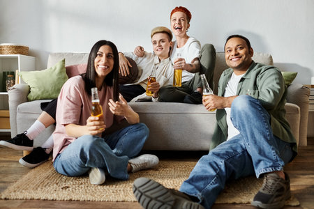 Friends and couple happily sit on top of couch at home.