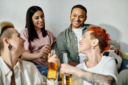 Diverse group enjoying beer at table.
