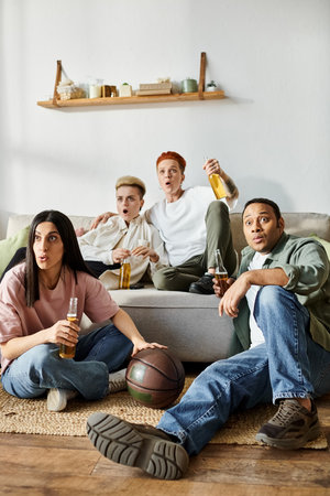 Diverse group of people, including a loving lesbian couple, relaxing on top of a couch at home.の写真素材