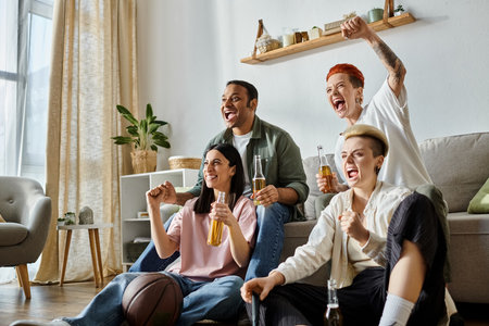 A diverse group of friends, including a loving lesbian couple, enjoying each others company seated on a cozy couch.の写真素材