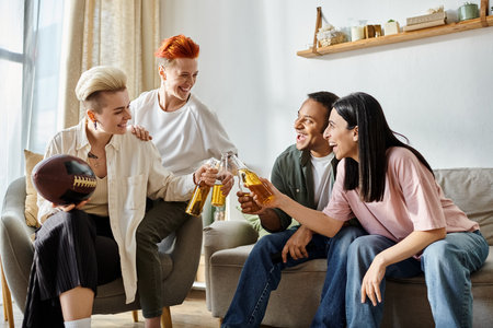 Diverse group enjoys beer on couch.の写真素材