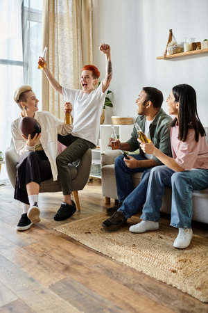 Diverse friends and loving lesbian couple enjoying quality time in a warm living room setting.の写真素材