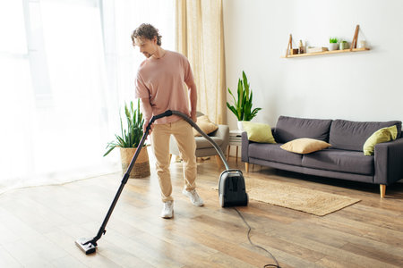 A man in cozy homewear cleans the living room with a vacuum.の写真素材