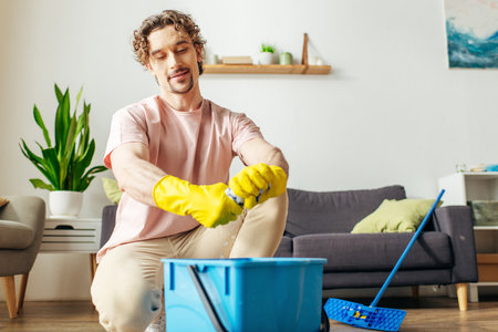 A handsome man in cozy homewear cleans the floor with a mop.の写真素材