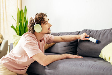 A man in cozy homewear sitting near a couch, listening to music with headphones on.の写真素材
