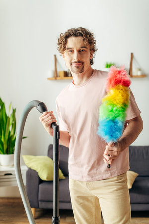 Handsome man in cozy homewear holding a colorful toy while vacuuming.の写真素材
