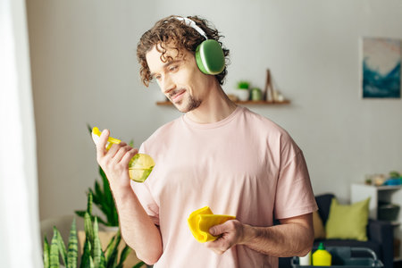 Handsome man in cozy homewear while listening to music through headphones.