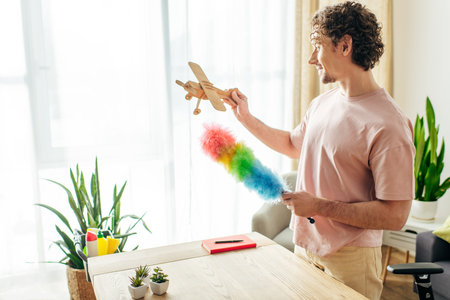 A man in cozy homewear playing with a toy airplane while cleaning at home.