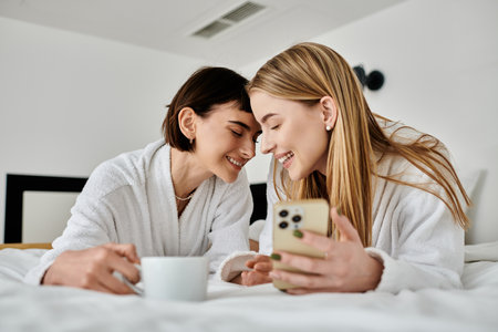 A beautiful lesbian couple in bath robes, peacefully laying next to each other on a cozy bed in a hotel room.の写真素材