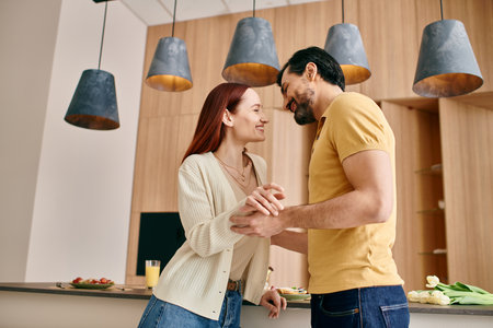 A beautiful adult couple, a redhead woman and a bearded man, standing together in a modern kitchen, spending quality time.の写真素材