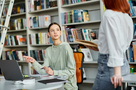 A redhead tutor teaches a teenage girl in a library, as they participate in after-school lessons using a laptop.の写真素材