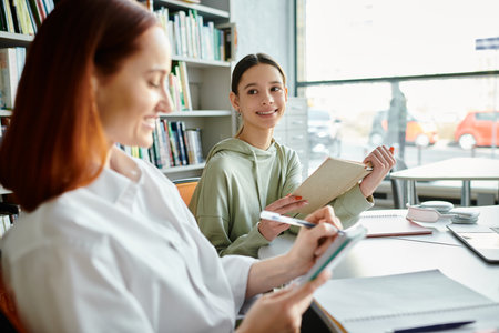 A tutor with red hair teaches a teenage girl during after-school lessons, focusing on a laptop, in a modern educational setting.の写真素材