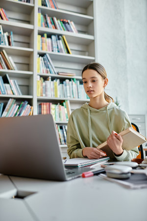 A teenager engrossed in modern education, surrounded by books and a laptop, diligently doing...