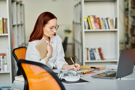 A female tutor with red hair providing an after-school lesson online, using a laptop at a desk in a...