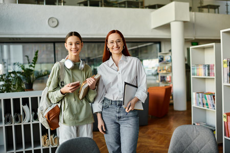 A redhead woman educates a teenage girl in a library, after-school lessons in modern education.