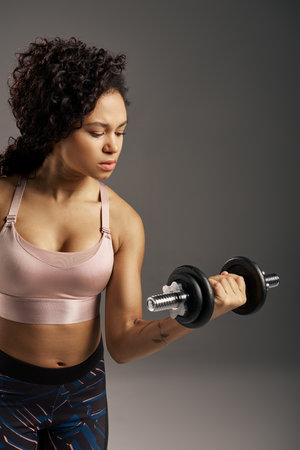 Curly African American sportswoman in active wear lifts a pair of dumbbells in a studio with a grey...