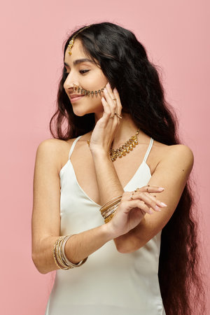 Stylish indian woman with long hair and gold jewelry striking a pose against a pink backdrop.の写真素材
