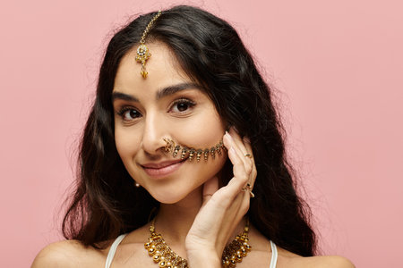 Elegant indian woman showcasing gold jewelry.の写真素材