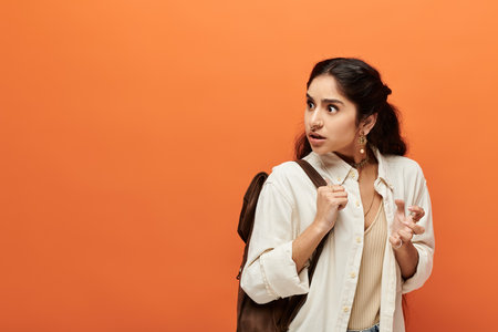 Young indian woman with backpack against orange wallの写真素材
