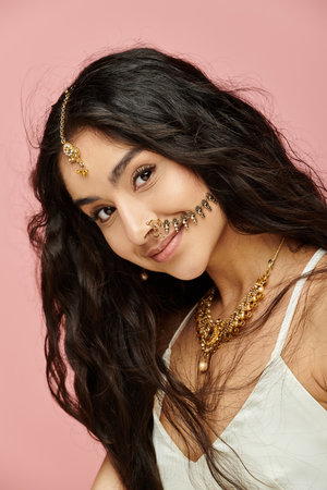 Young indian woman with long hair and gold jewelry poses elegantly for the camera.