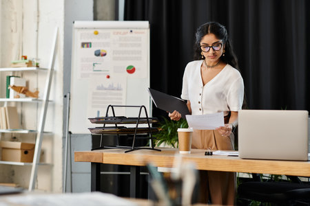A stylish young indian woman stands confidently in an office setting.の写真素材