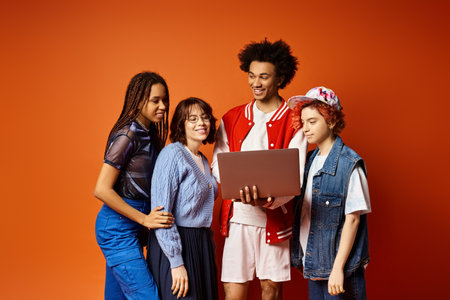 A diverse group of young friends, including a nonbinary person, stand together in stylish attire in...