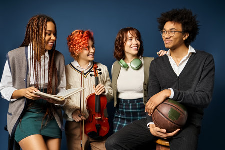 A group of young multicultural friends, including a nonbinary person, standing in stylish attire on...