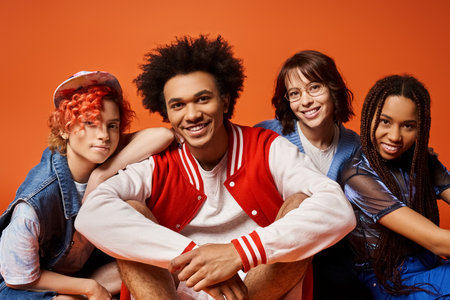 A group of young multicultural friends, including a nonbinary person, sitting together in stylish attire in a studio setting.の写真素材