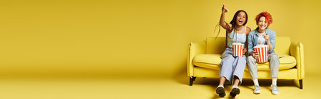 friends in stylish attire sit on a yellow chair, happily snacking on popcorn.の写真素材
