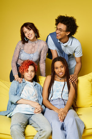 Multicultural friends in stylish attire sit atop a vibrant yellow couch in a cozy studio setting,...