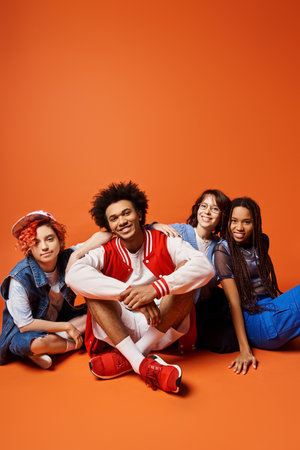 A diverse group of young friends, including a nonbinary individual, strike a stylish pose in a studio setting.の写真素材