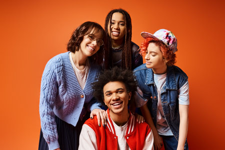 A group of young interracial friends, including a nonbinary person, standing stylishly together in a...