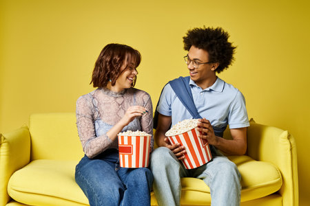 A man and a woman enjoy popcorn while sitting on a cozy couch.の写真素材