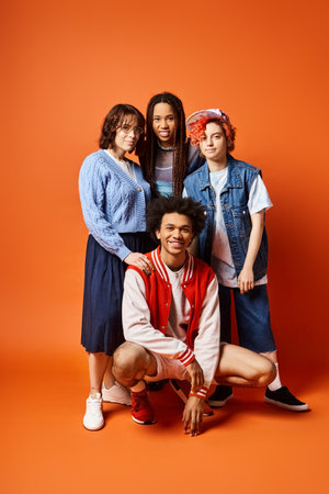 interracial stylish friends pose together in a studio setting.