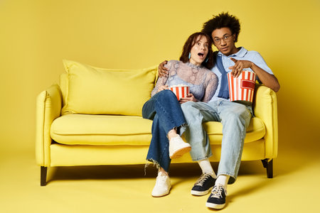 A man and woman, dressed stylishly, sit side by side on a couch, enjoying popcorn together in a studio setting.の写真素材
